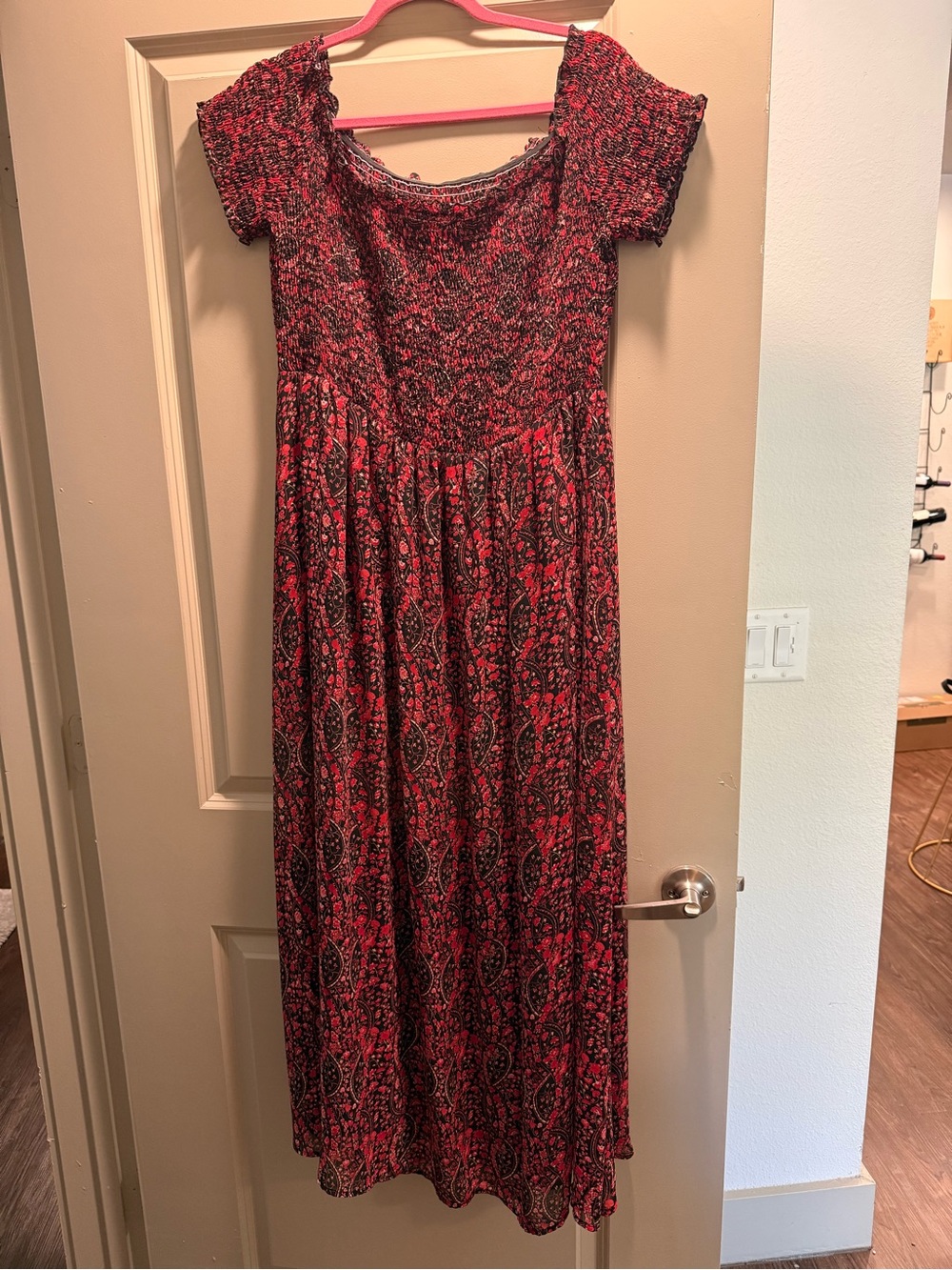 SHEIN Red and Black Paisley Maxi Dress with Smocked Bodice
